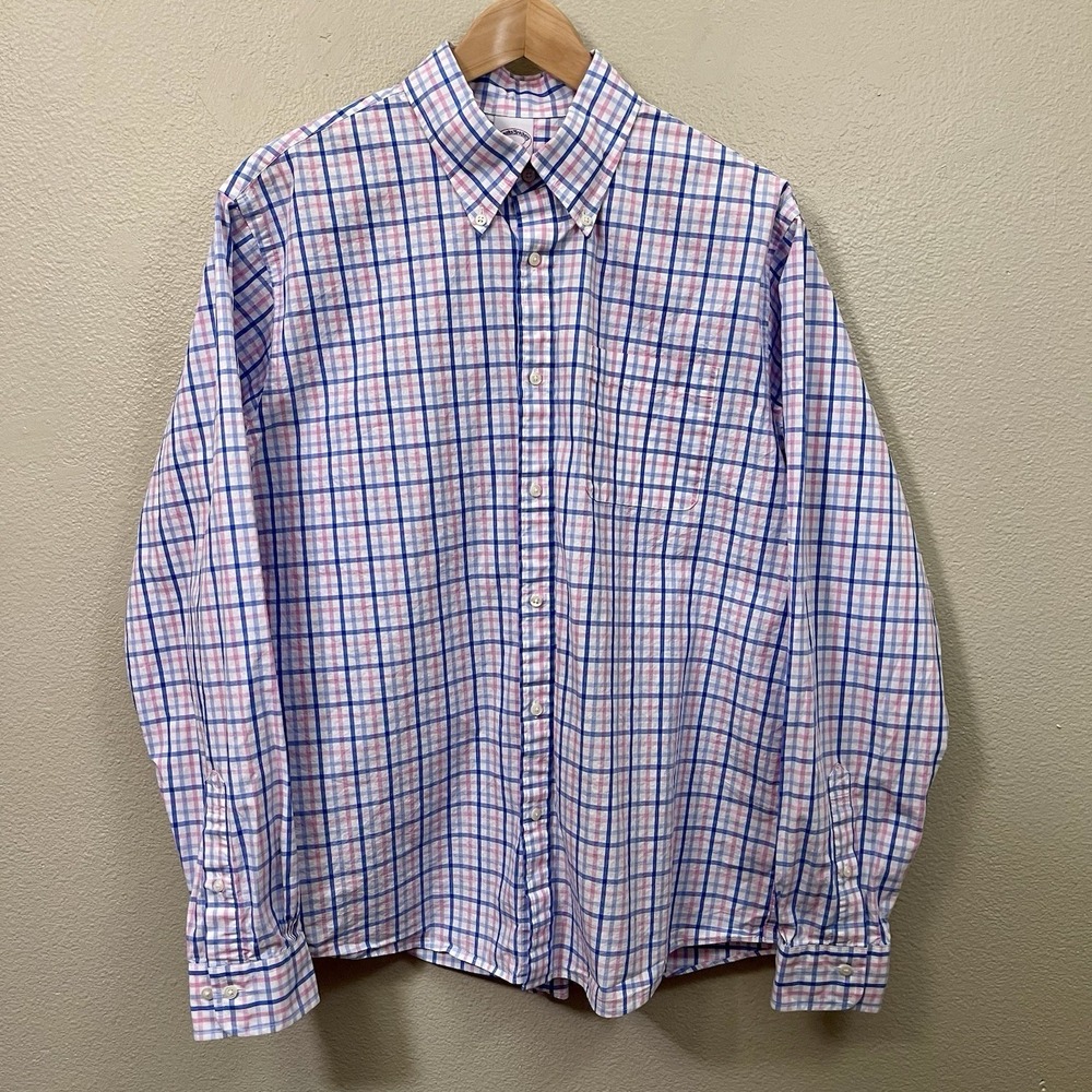 Brooks Brothers Check / Plaid Button Down Shirt Long Sleeve Blue Pink Size L EUC